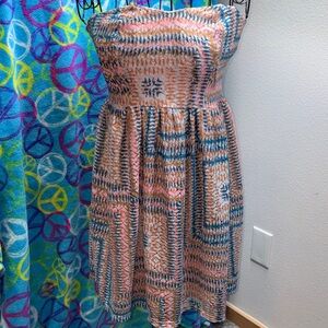 Fire Los Angeles Strapless Geometric Dress in Peach Blush and Blue